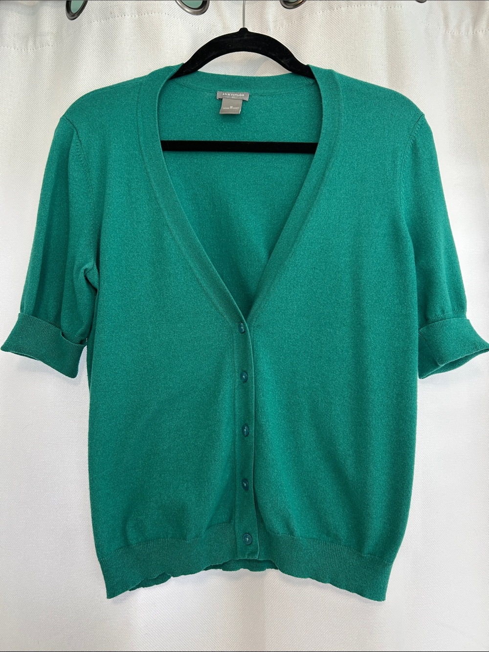 Ann Taylor Teal Green Short-Sleeve Button Cardigan